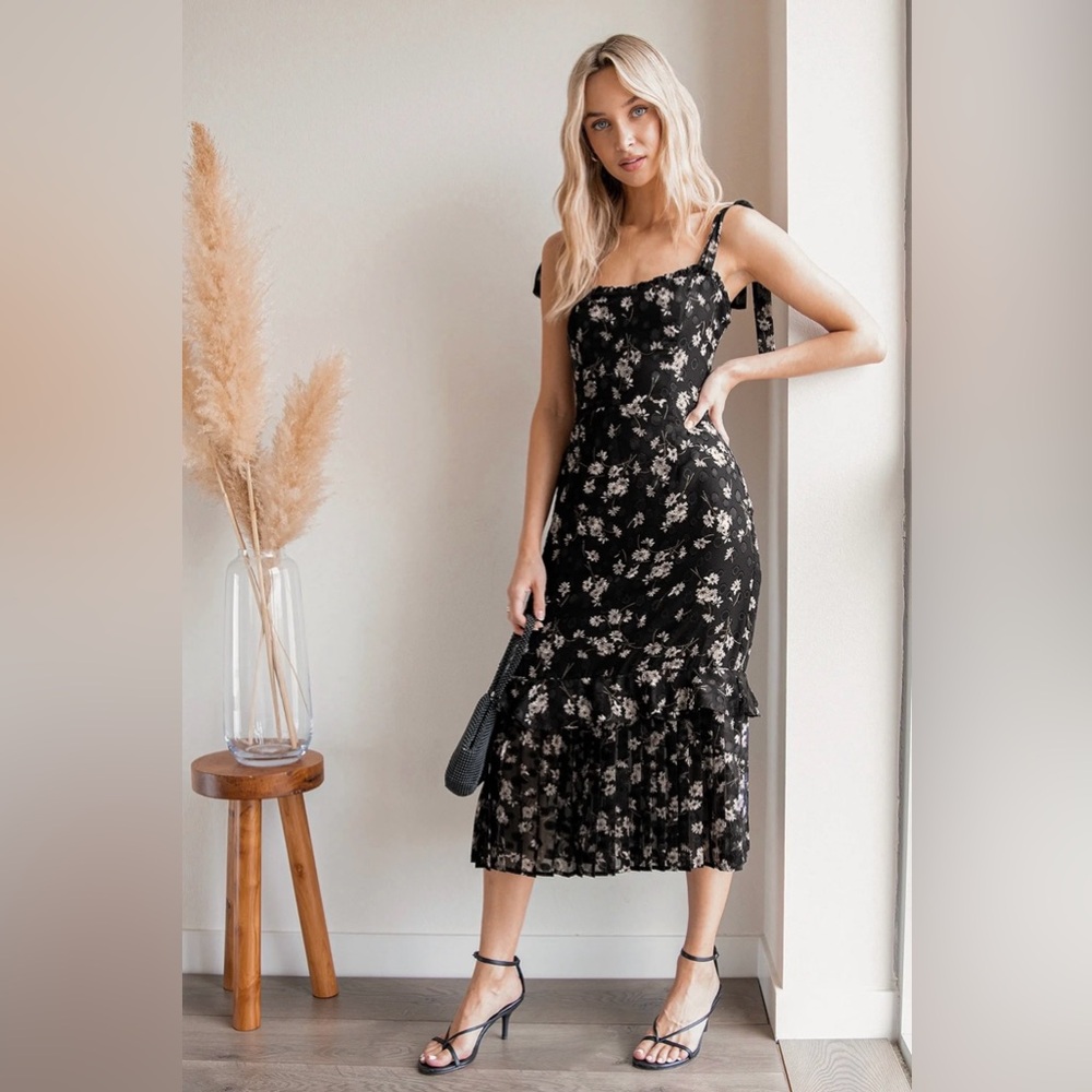 Floral Black Dress with Ruffle Hem